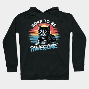 Retro Sunset Kitten Graphic Tee: 'Born to be Pawesome' - Adorable Cat Design with Vintage Vibes Hoodie